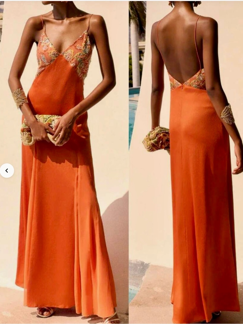 Elegant Orange Slip Flowy Maxi Dress with Embellished Sequin Bodice